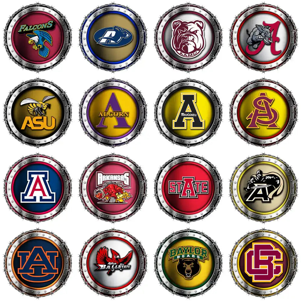 College sports team logos in metallic badge designs for DTF, DTG, and embroidery projects