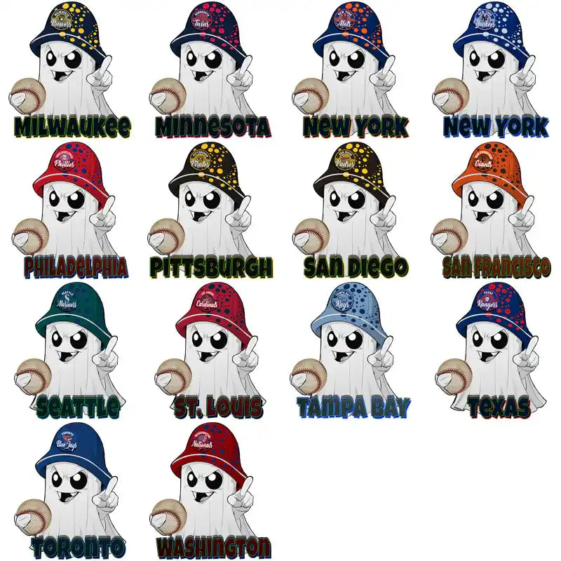 Baseball team ghost designs with hats and balls for DTF/DTG and embroidery