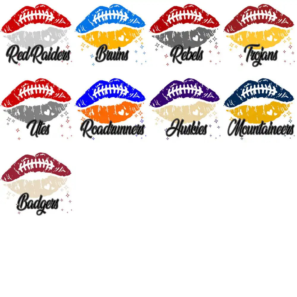 Football team lips designs with team names like Red Raiders, Bruins, Rebels, Trojans, Utes, Roadrunners, Huskies, Mountaineers, Badgers