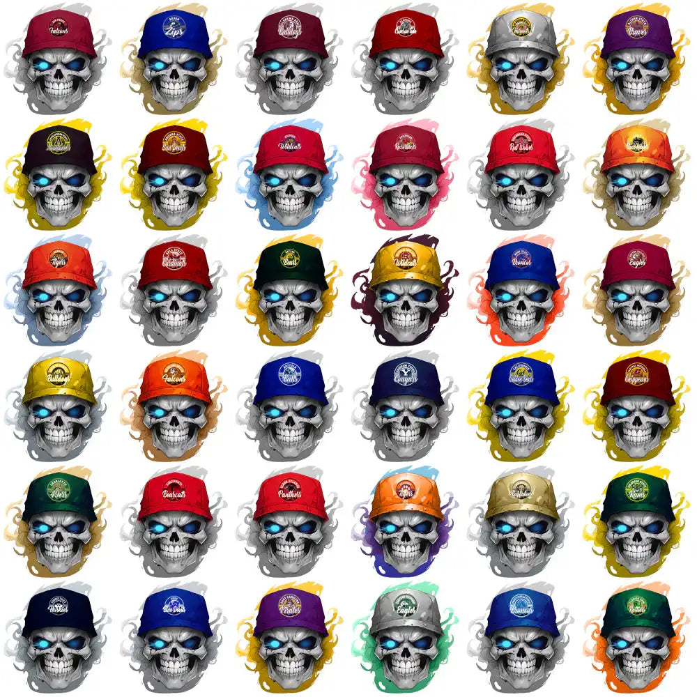 Skull designs with colorful caps, ideal for DTF/DTG and embroidery projects