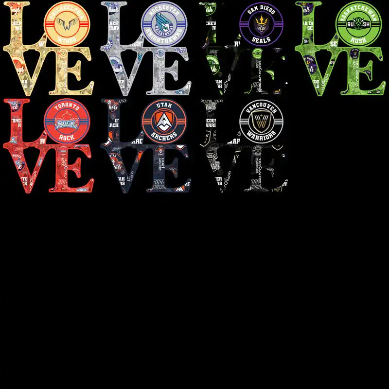 Sports team logos forming 'LOVE' text, ideal for DTF/DTG and embroidery designs.