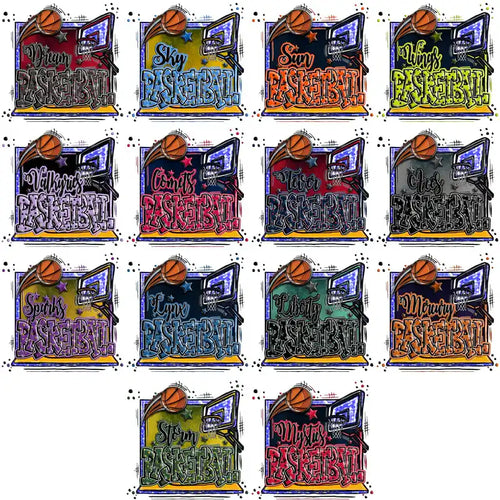 Basketball designs with hoops and team names for DTF/DTG printing