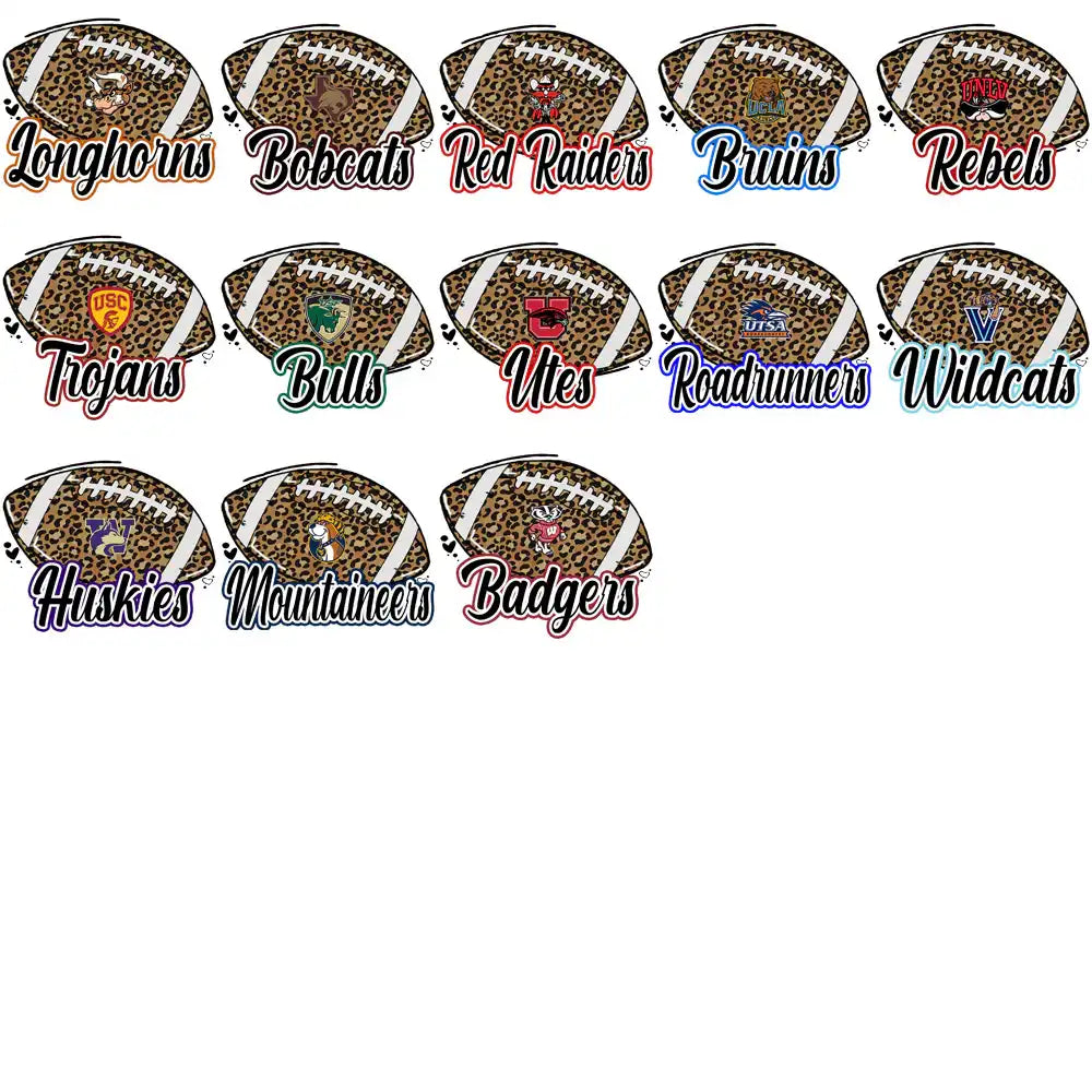Leopard print footballs with team logos like Longhorns, Bobcats, and Bruins for DTF/DTG designs.