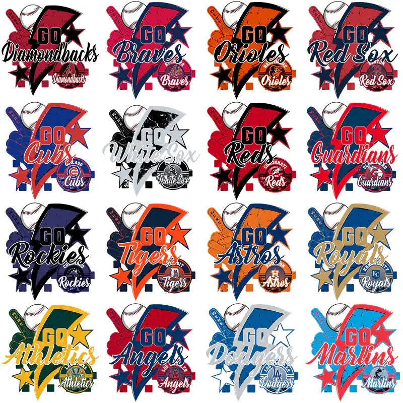 Baseball team logos with 'Go' slogans, print-ready designs for DTF, DTG, embroidery, and tumbler wraps.