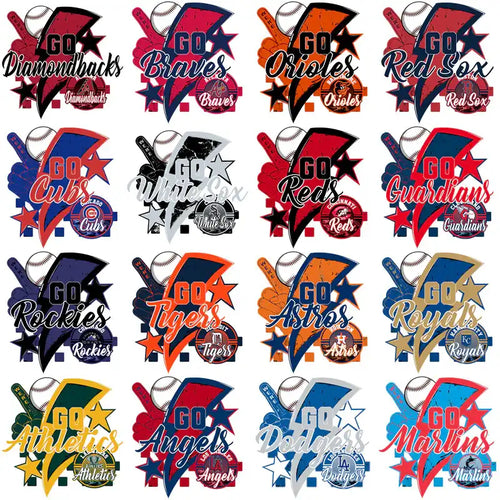 Baseball team logos with 'Go' slogans, print-ready designs for DTF, DTG, embroidery, and tumbler wraps.