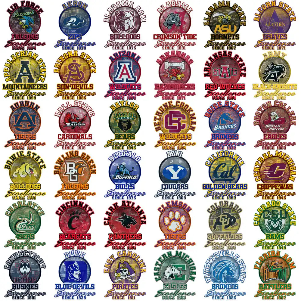 College sports team logos with vintage 'Excellence Since' designs for DTF, DTG, embroidery, and tumbler wraps