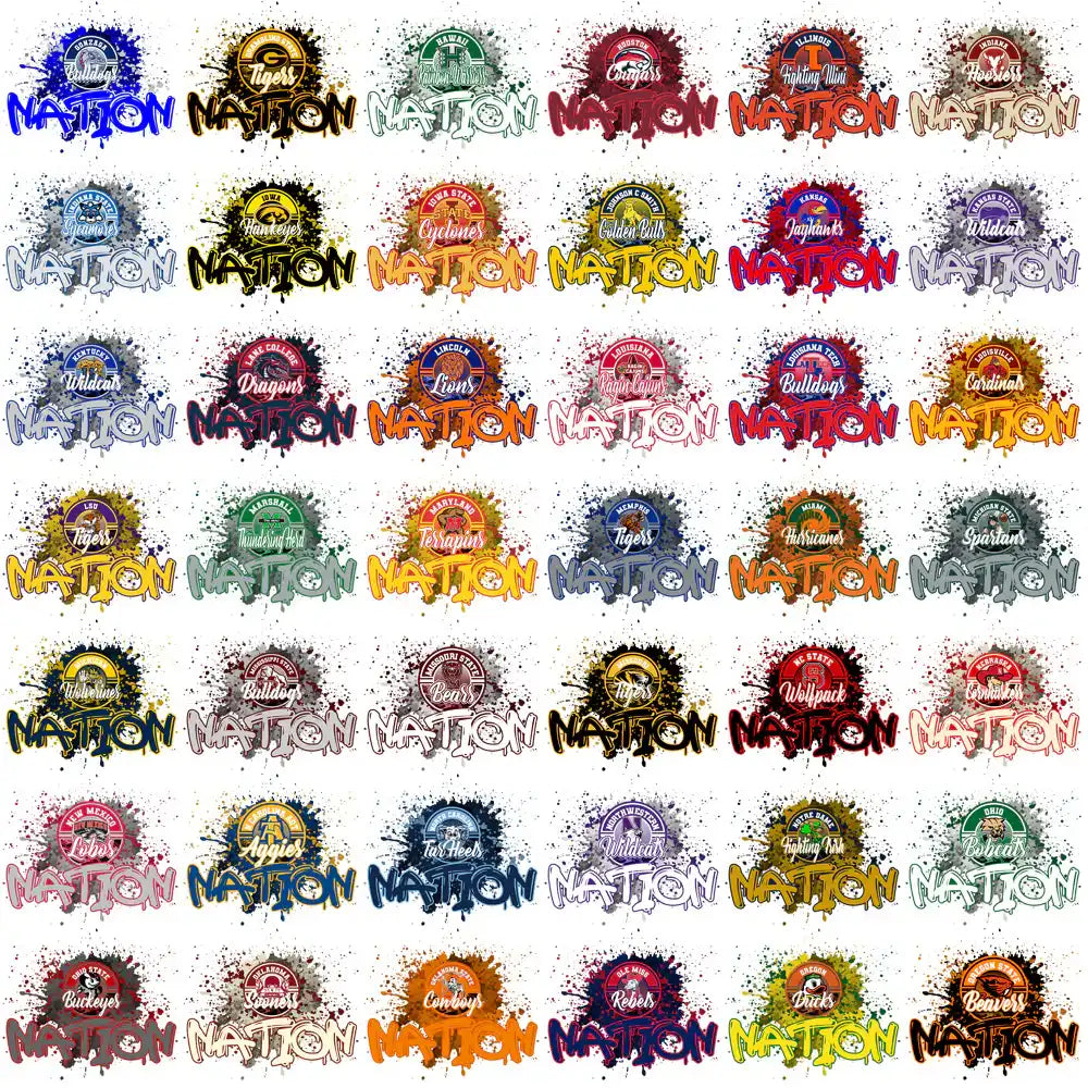 College sports team logos with 'NATION' text, colorful splatter designs for DTF, DTG, embroidery