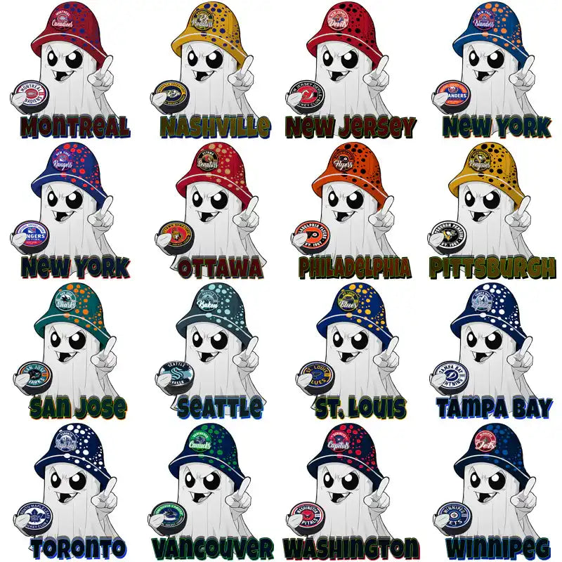 Cartoon ghosts wearing NHL team hats with city names, ideal for DTF/DTG designs