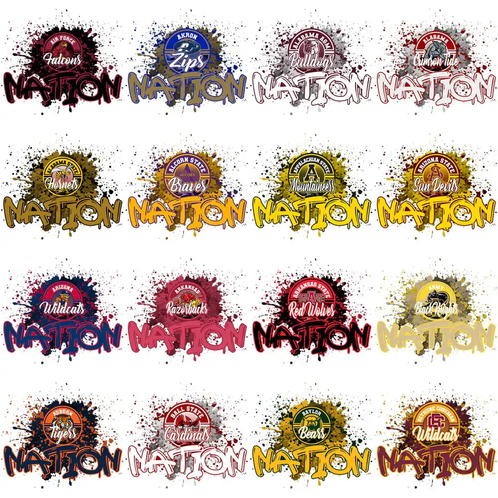 College sports team logos with 'NATION' text and paint splatter effects, print-ready for DTF/DTG