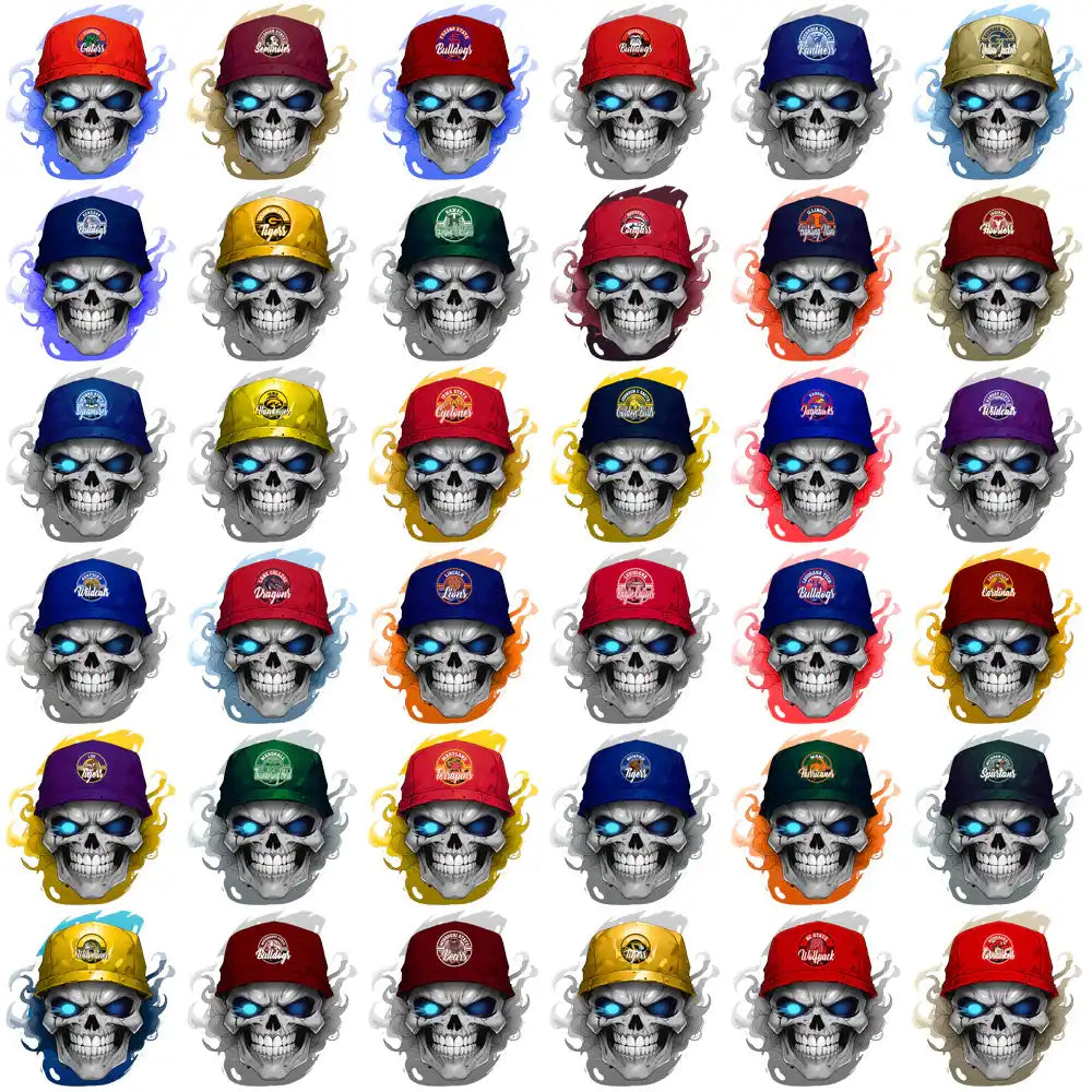 Skull with glowing eyes wearing colorful baseball caps, print-ready for DTF, DTG, embroidery designs