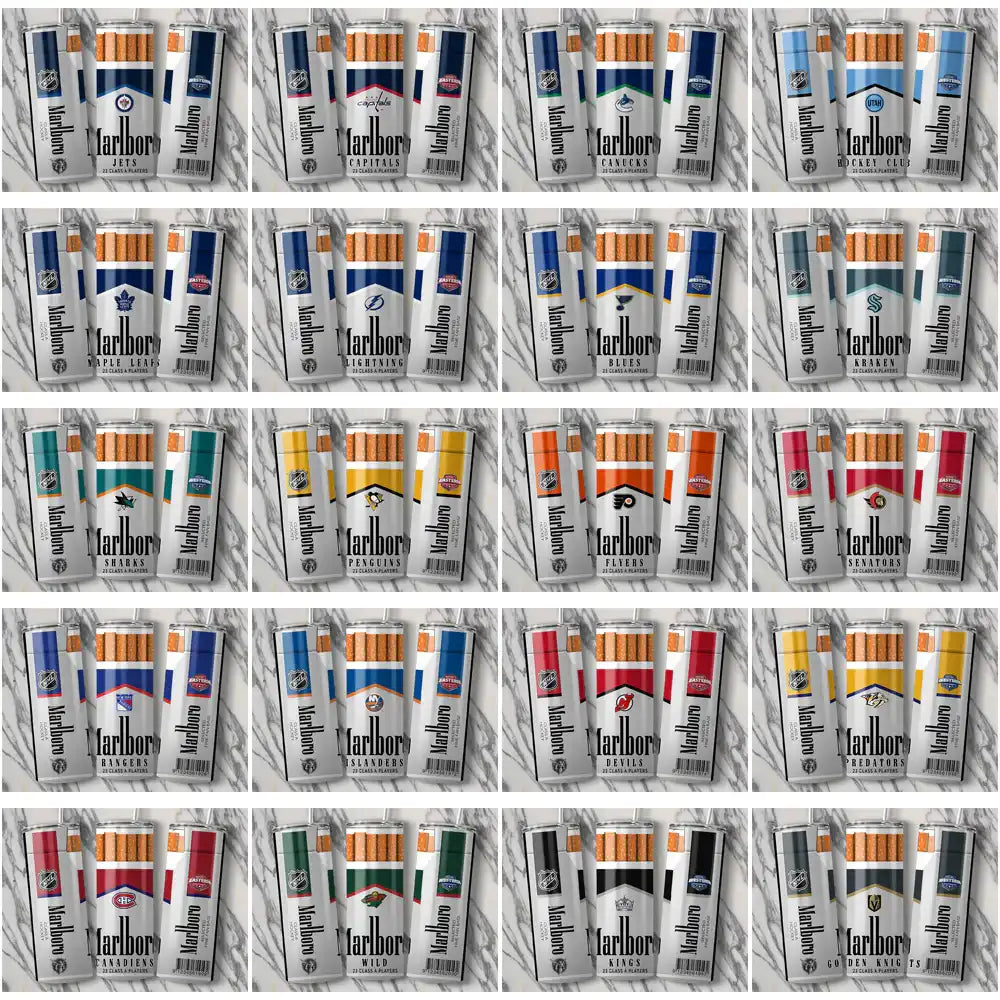 Marlboro cigarette packs featuring NHL team logos for print-ready designs