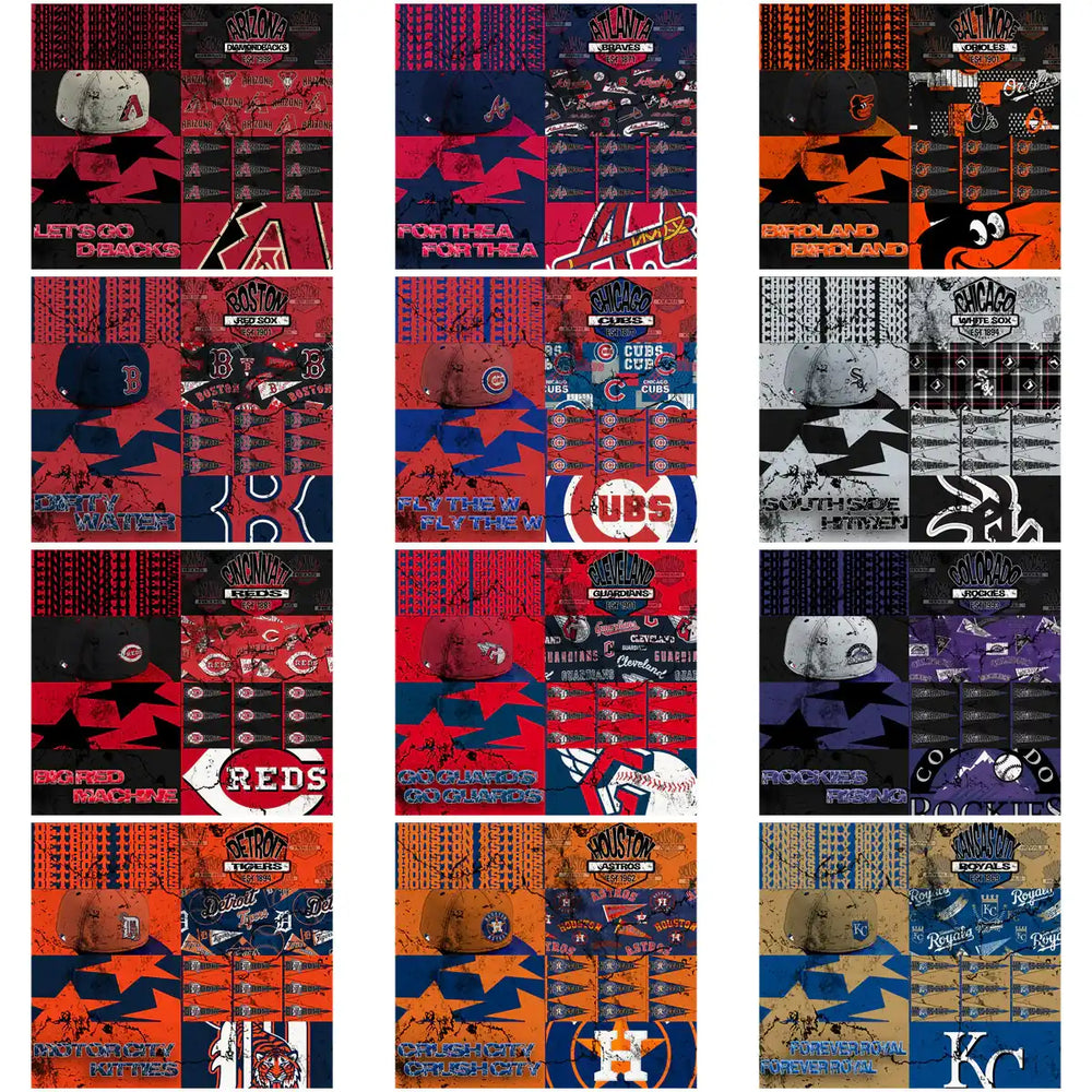 Baseball team designs for DTF/DTG, embroidery, and tumbler wraps with vibrant logos and slogans.