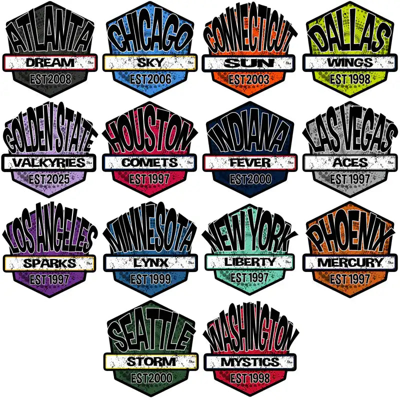 Vintage sports team badges for DTF/DTG printing, featuring city names and team slogans in distressed style