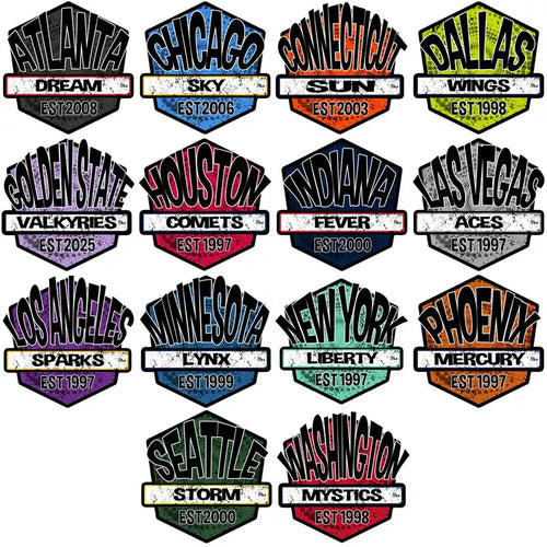 Vintage sports team badges for DTF/DTG printing, featuring city names and team slogans in distressed style