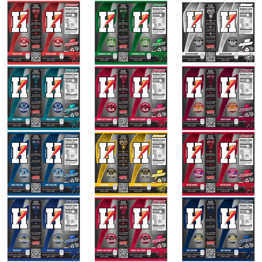Custom sports drink labels with team logos and vibrant designs for DTF/DTG printing