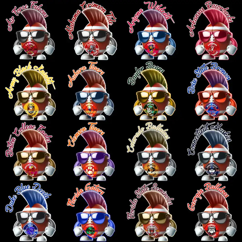 College football team mascots with mohawks and sunglasses, print-ready designs for DTF, DTG, embroidery
