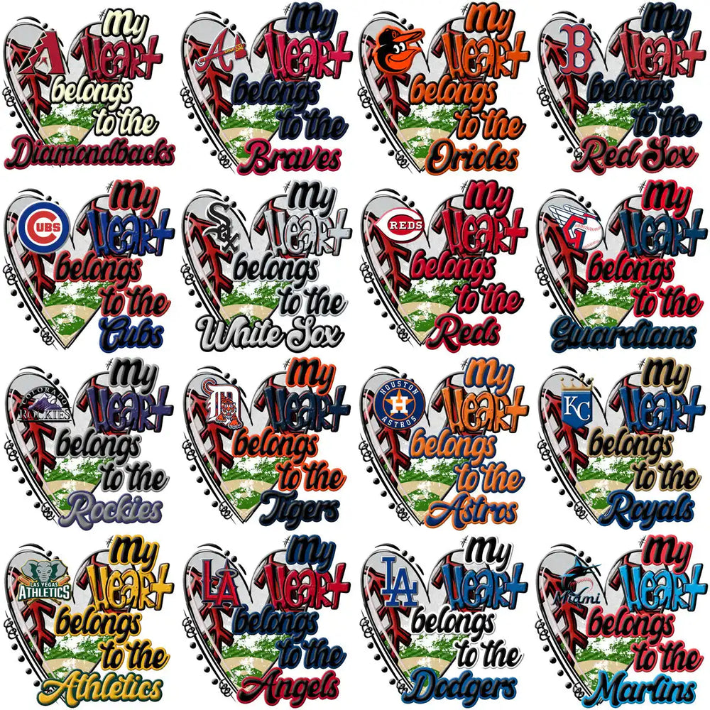 Baseball team heart designs for DTF/DTG and embroidery, featuring MLB logos and print-ready graphics.