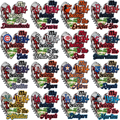 Baseball team heart designs for DTF/DTG and embroidery, featuring MLB logos and print-ready graphics.