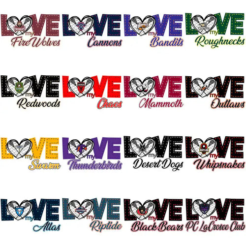 Love-themed lacrosse team designs with heart logos and team names for DTF/DTG printing