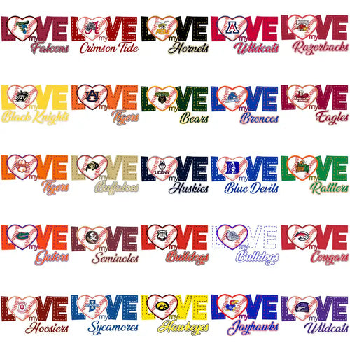 Love My Team sports designs with heart-shaped baseballs for DTF, DTG, and embroidery