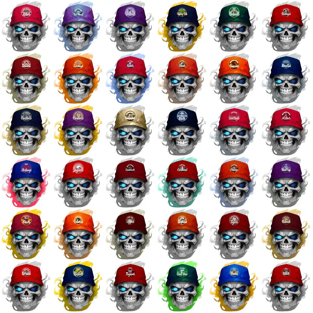 Skull with glowing blue eyes wearing colorful baseball caps, print-ready PNG designs for DTF/DTG