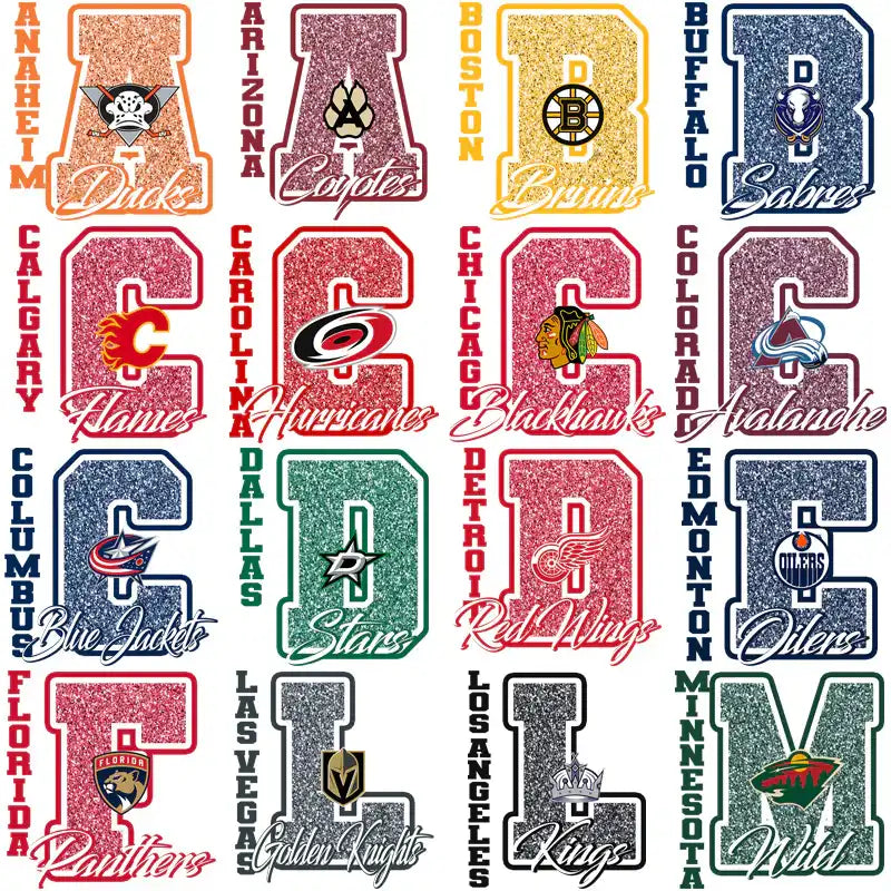 NHL team logos in glittery letter designs for DTF/DTG and embroidery projects