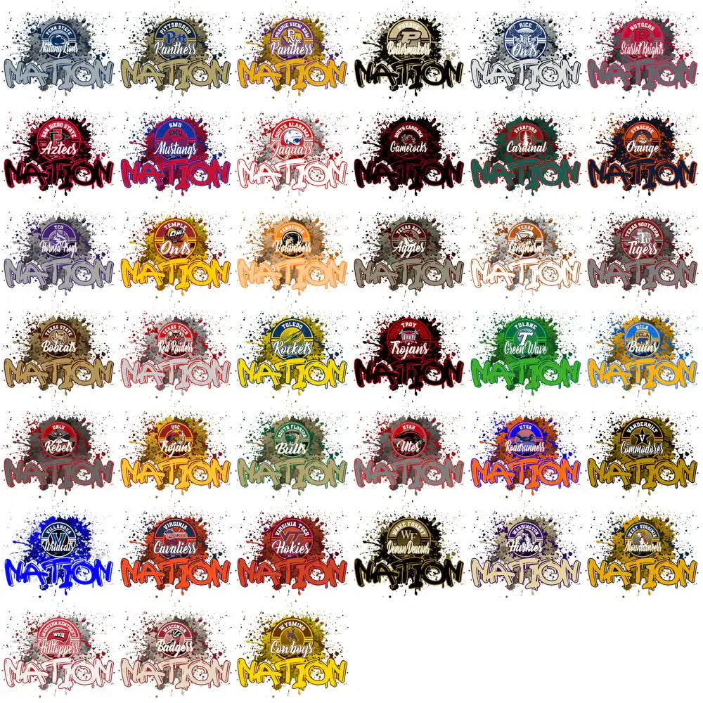 College sports team logos with 'Nation' text, colorful splatter designs for DTF/DTG printing