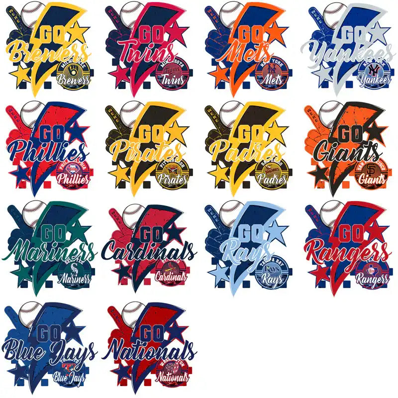 Baseball team spirit designs for DTF/DTG, embroidery, and tumbler wraps with vibrant logos and stars