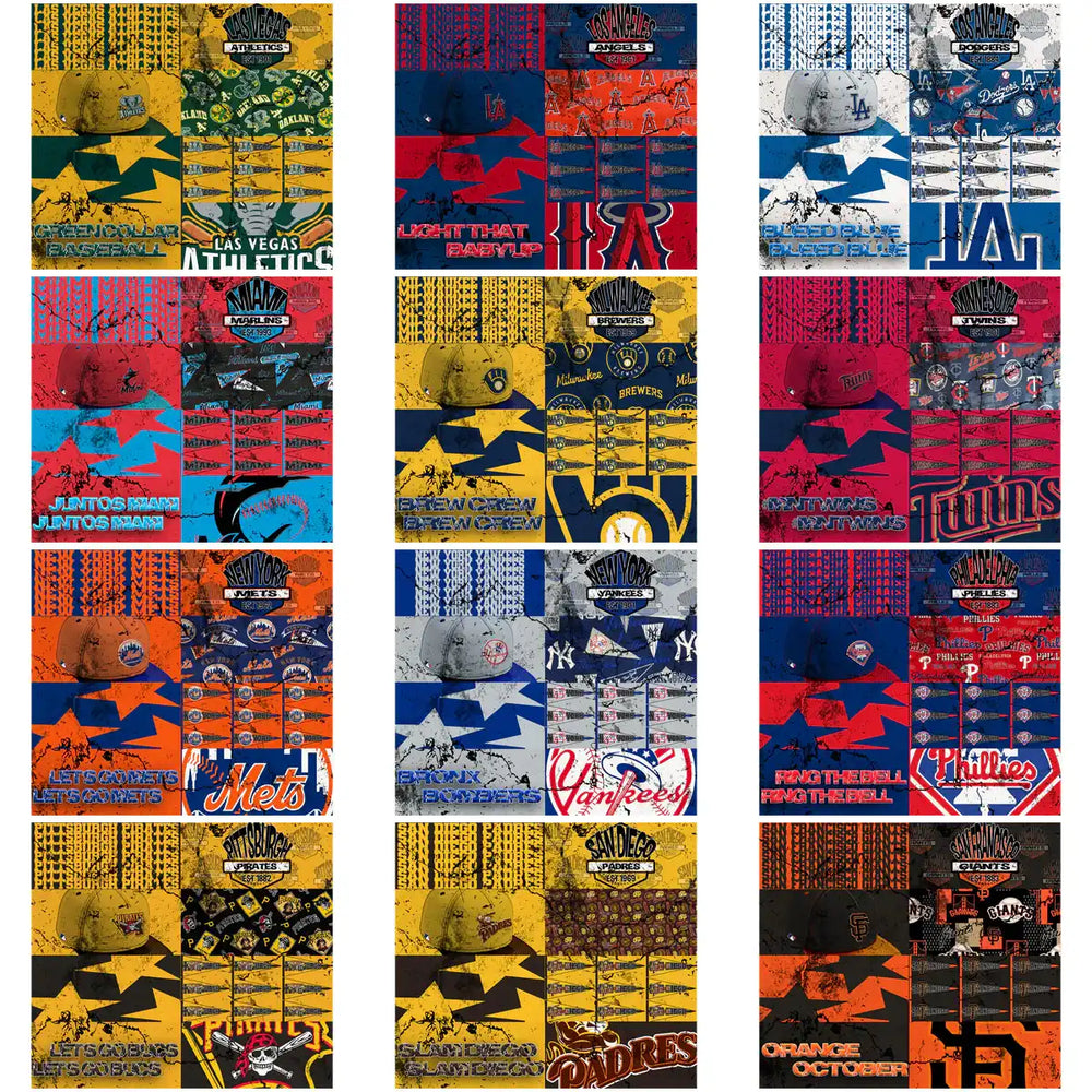 Baseball team designs for DTF/DTG, embroidery, and tumbler wraps with vibrant logos and slogans