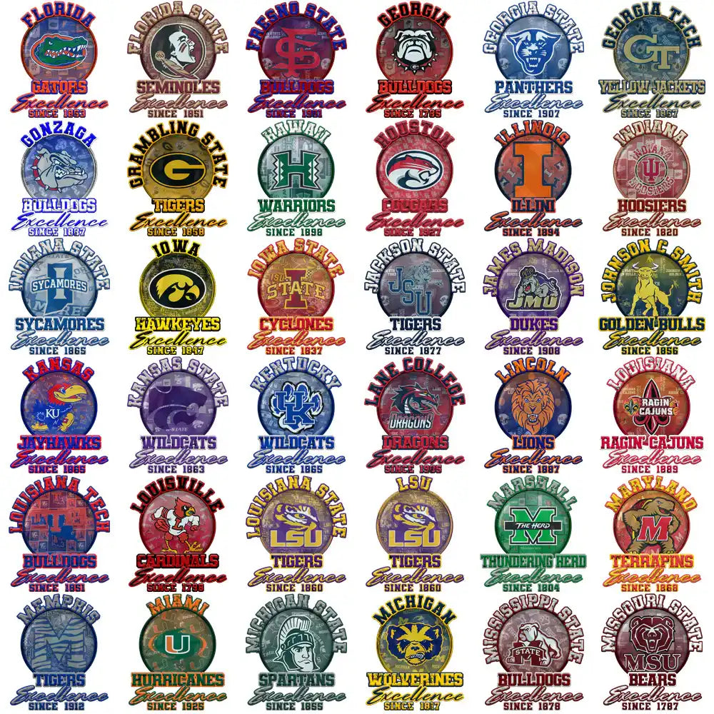 College sports team logos with 'Excellence Since' text, ideal for DTF/DTG and embroidery designs.