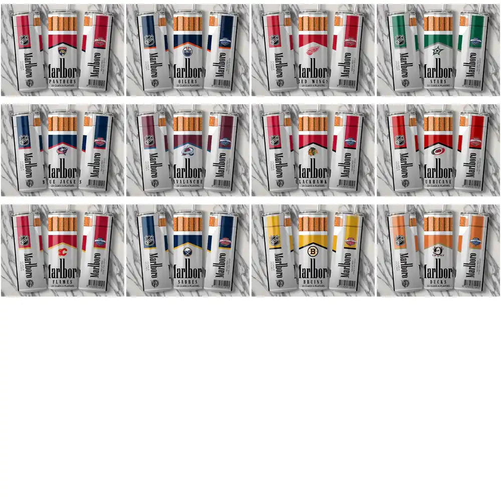 Marlboro cigarette packs featuring NHL team logos, print-ready designs for merch