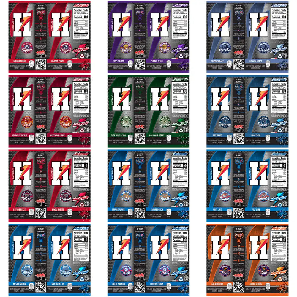 Custom sports drink labels for NBA teams, featuring team logos, flavors, and nutrition facts for print-ready design bundles.