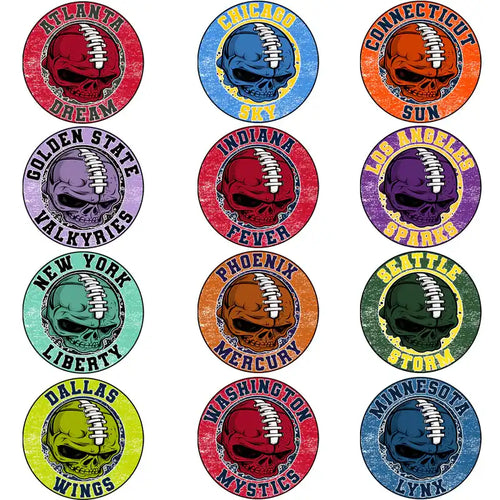 Skull football designs for DTF/DTG, embroidery, and tumbler wraps with team names and vibrant colors.