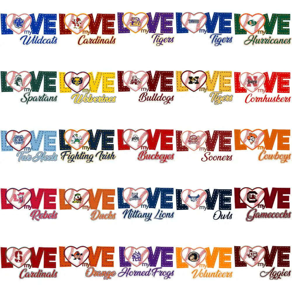 Love-themed baseball heart designs for college teams, perfect for DTF/DTG and embroidery projects.