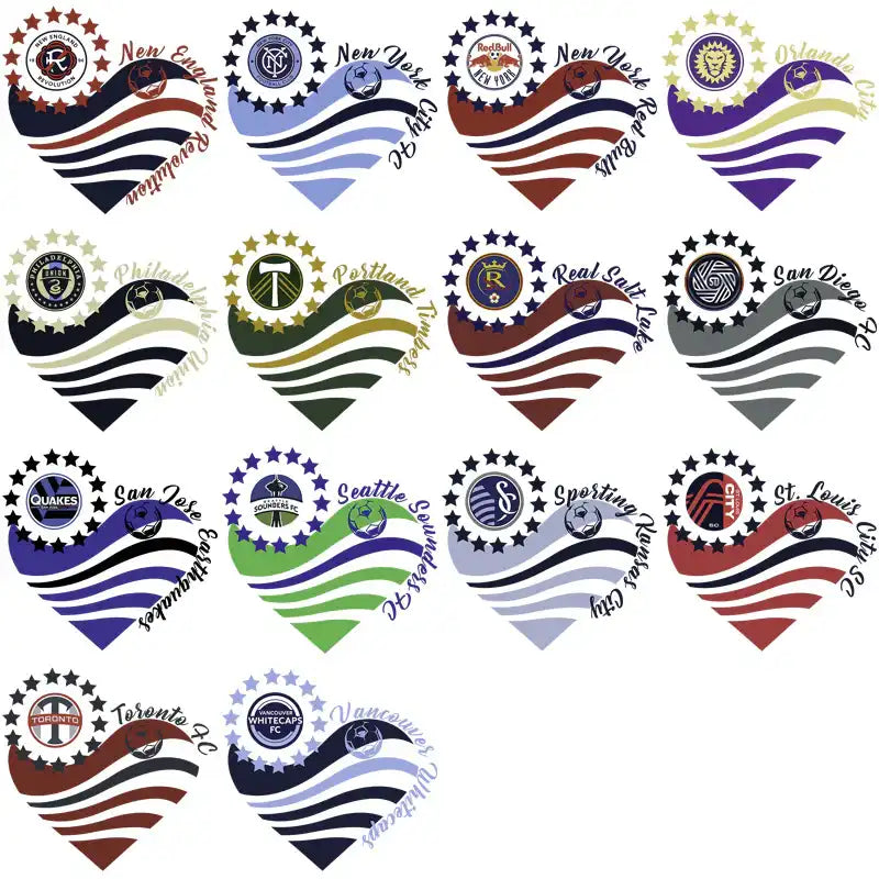 Heart-shaped soccer team designs with wave patterns and stars for DTF, DTG, embroidery