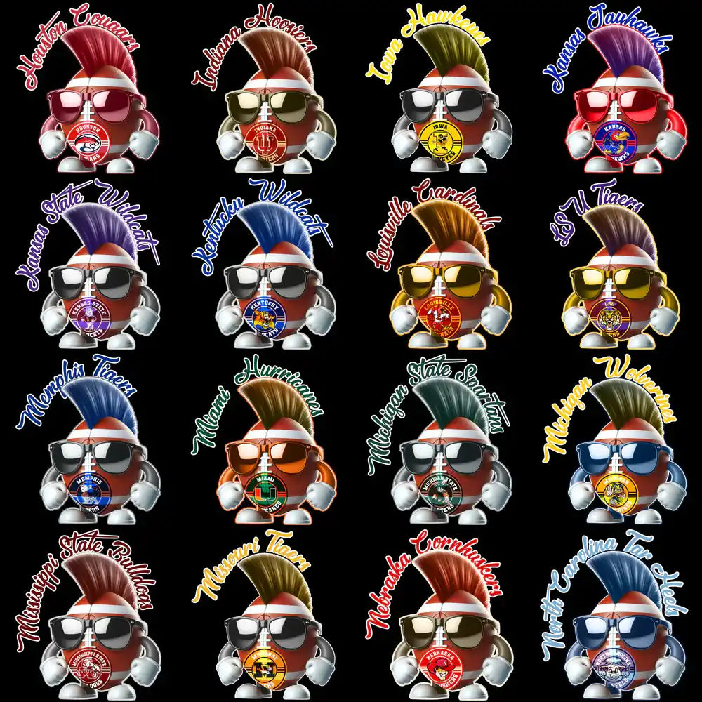 College football team mascots with mohawk hairstyles and sunglasses, print-ready designs