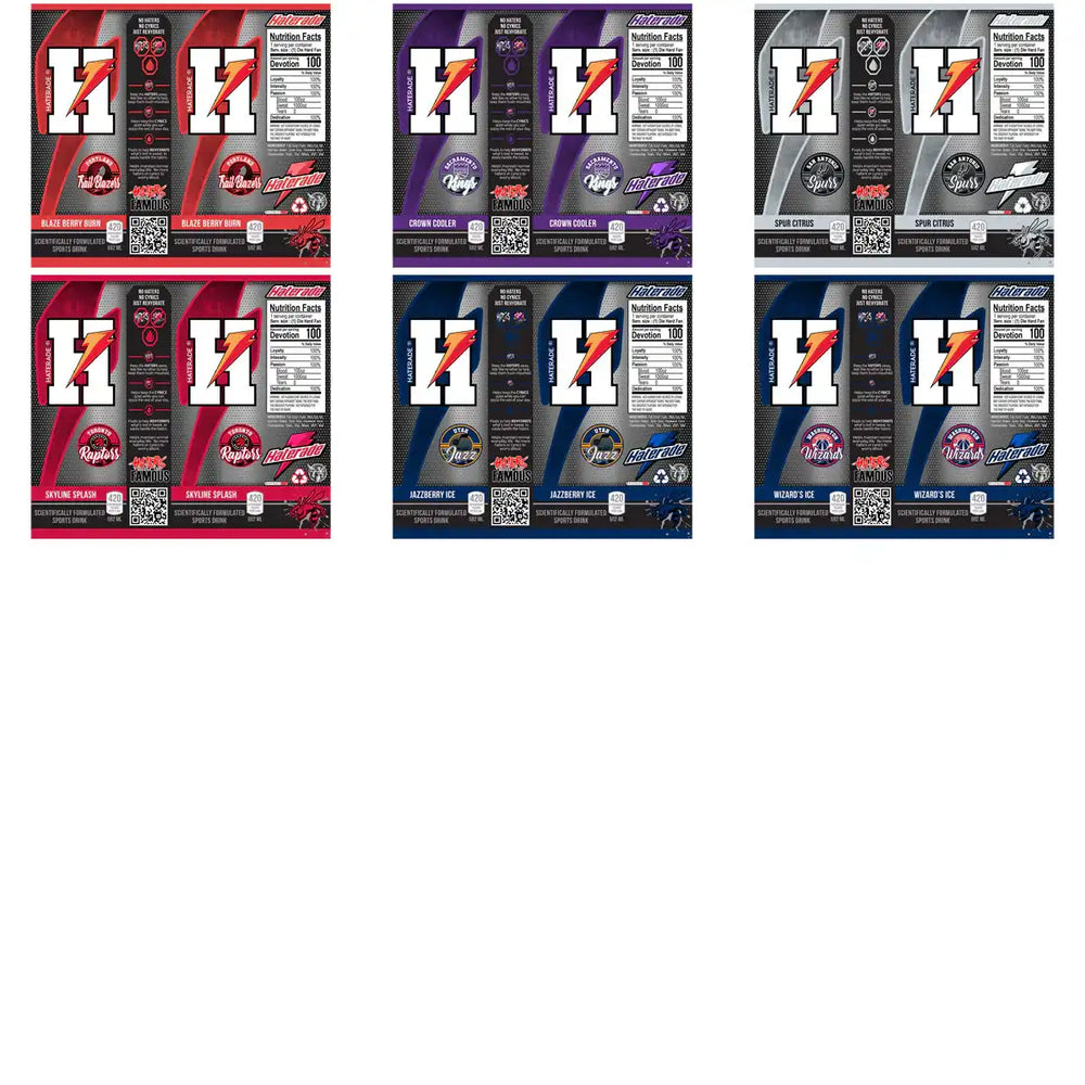 Haterade sports drink labels with team logos and flavors like Blaze Berry Burn and Crown Cooler