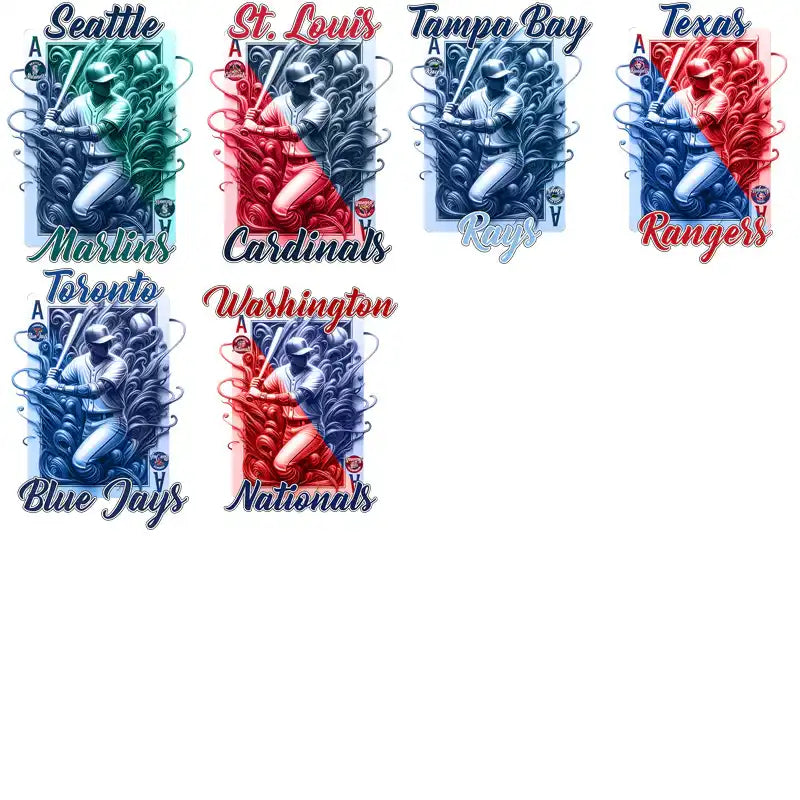 Baseball team designs for DTF/DTG, embroidery, tumbler wraps with MLB team names and vibrant colors
