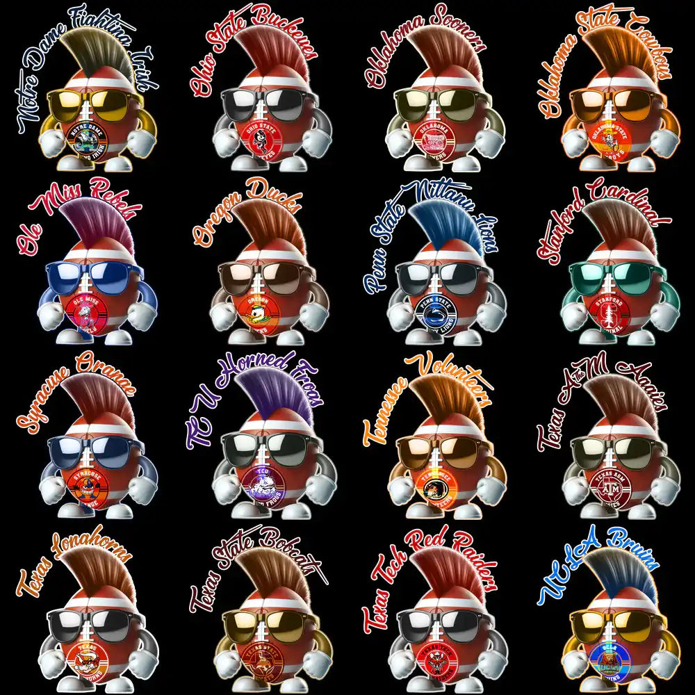 College football team mascots with mohawks and sunglasses, print-ready for DTF/DTG, embroidery, tumbler wraps
