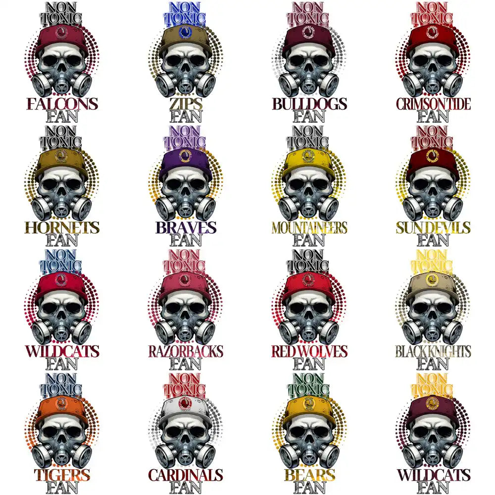 Skull in gas mask with team names like Falcons, Zips, Bulldogs — print-ready DTF/DTG designs for fans
