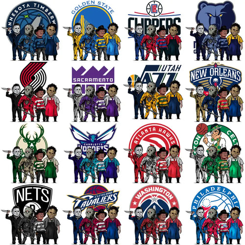 NBA team logos with horror movie characters in team colors, print-ready for DTF/DTG, embroidery, tumbler wraps