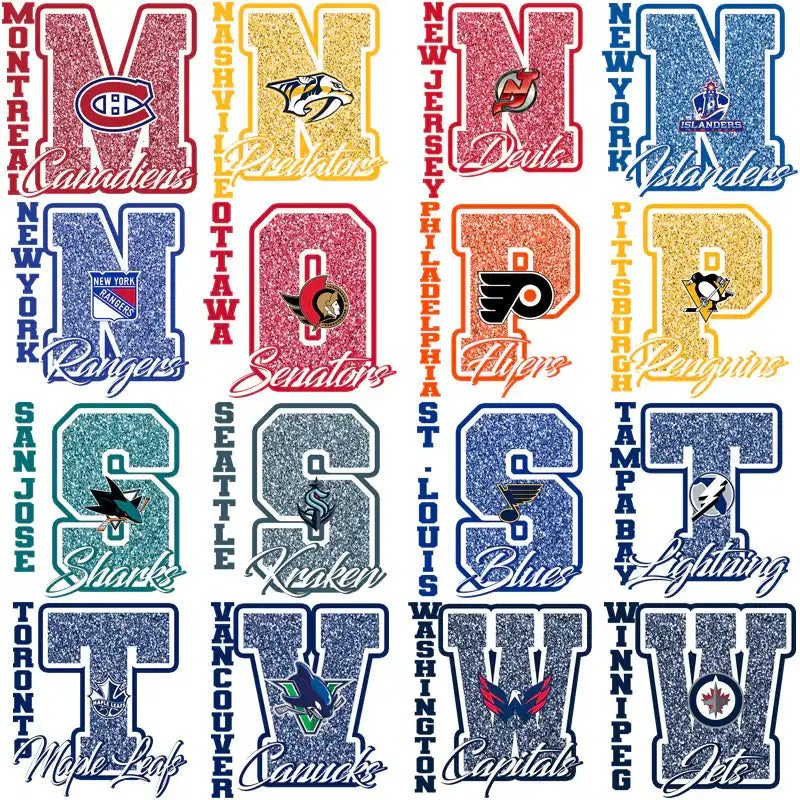 NHL team logos with glitter effects for DTF/DTG and embroidery designs