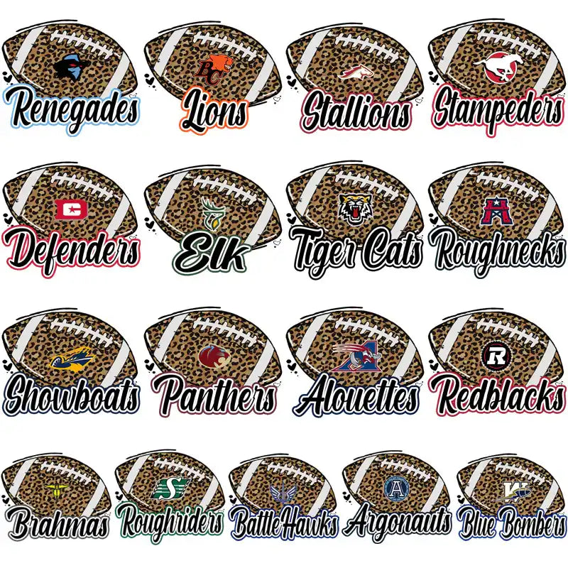 Leopard print football designs with team logos for DTF/DTG and embroidery