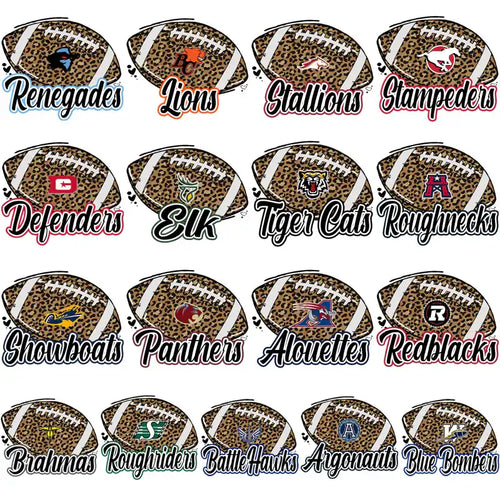 Leopard print football designs with team logos for DTF/DTG and embroidery