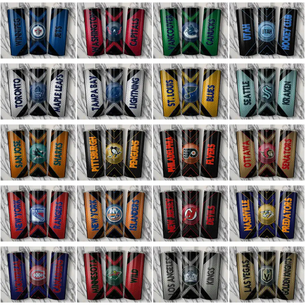 NHL team tumbler wrap designs for DTF/DTG & embroidery, featuring logos and team colors, print-ready PNG/SVG
