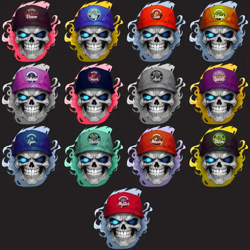 Skull with glowing eyes wearing colorful sports caps, ideal for DTF, DTG, embroidery, and tumbler designs.