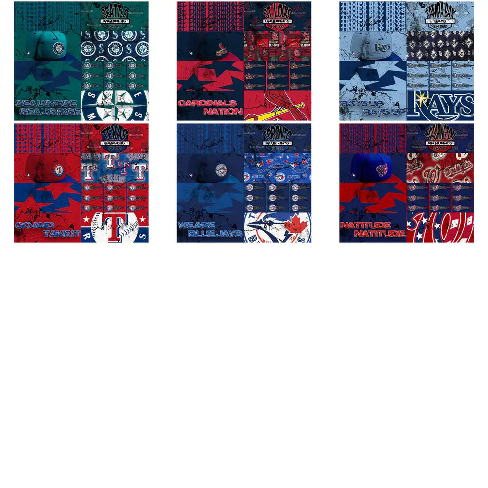 Baseball team designs for DTF/DTG, embroidery, and tumbler wraps with vibrant logos and patterns
