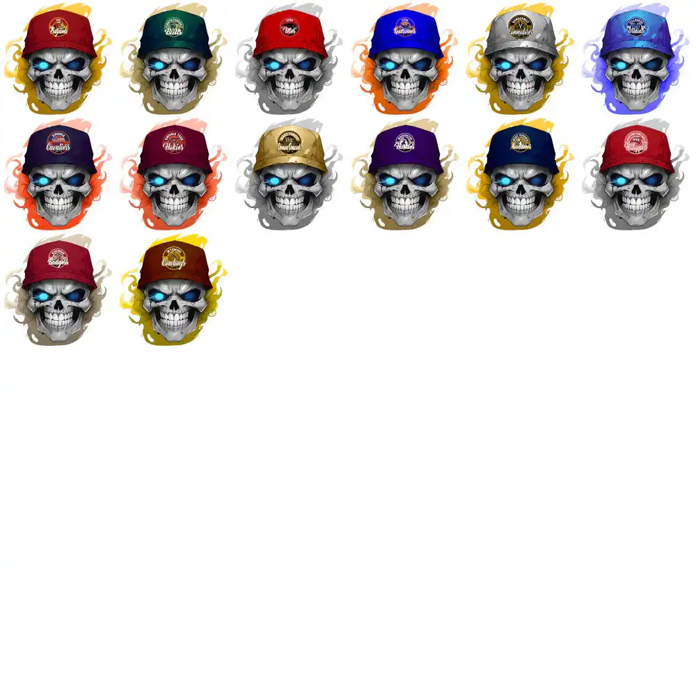 Skull designs with colorful caps and glowing eyes for DTF/DTG and embroidery projects