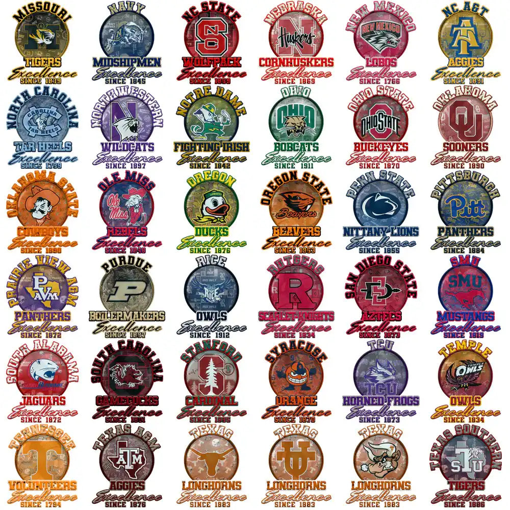 College sports team logos with vintage excellence designs for DTF/DTG and embroidery