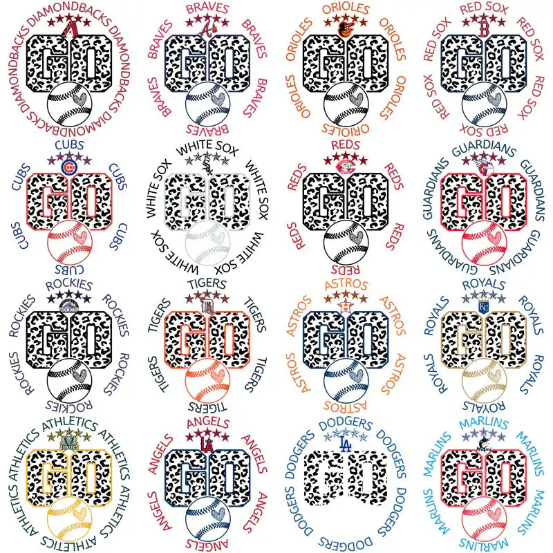 Baseball team designs with 'GO' text, heart baseballs, and team names for DTF/DTG printing
